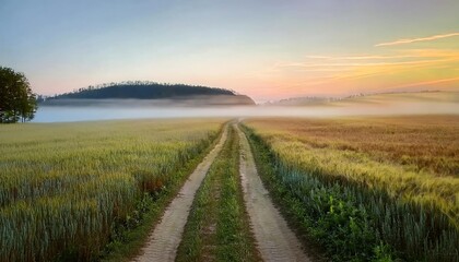 Obraz premium A serene path through golden fields at dawn, framed by misty hills under a soft, colorful sky.