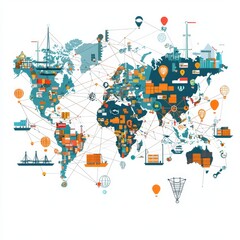 Colorful World Map Graphic with Shipping, Trade, and Economic Connections in Flat Design Style