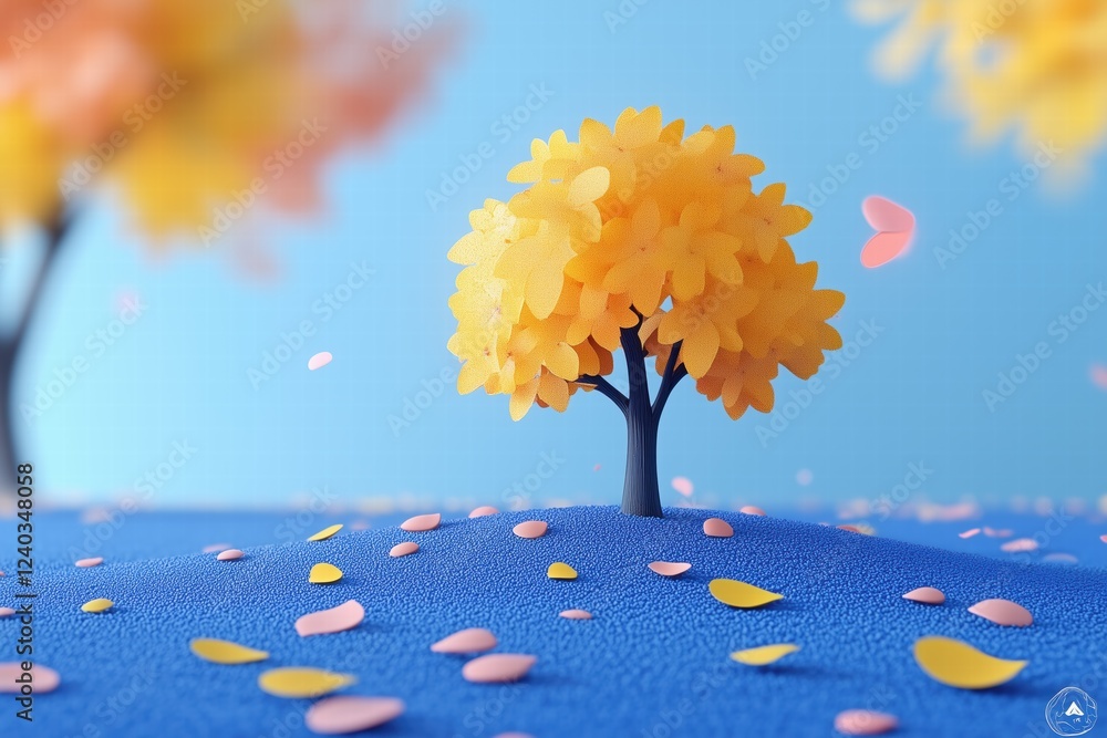 Poster a whimsical scene featuring a small yellow tree with stylized leaves on a blue surface, surrounded b