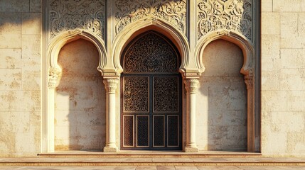 Obraz premium Intricate Architectural Design Featuring Ornate Arches and Decorative Doorway in Warm Light