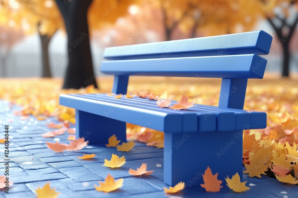 Poster a vibrant blue bench surrounded by colorful autumn leaves on a paved walkway. the scene is set in a 