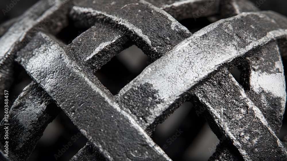 Poster close-up abstract metallic sphere texture, grey and black interlocking grid pattern