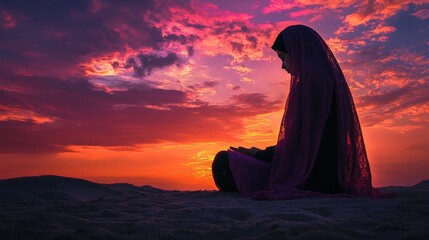 Young Muslim Woman in Prayer Against a Stunning Sunset Sky with Vibrant Colors and Serene Atmosphere