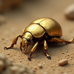 Golden metal scarab beetle half-buried in sandy floor, treasure, ancient, bug