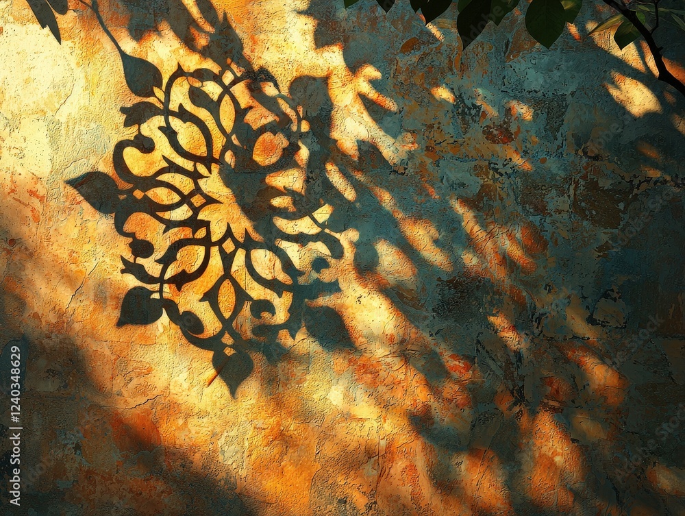 Poster elegant arabesque shadow patterns on textured wall with natural light and overlapping designs