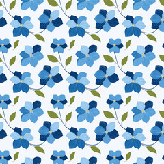 Seamless pattern with blue flowers and leaves. Vector illustration.