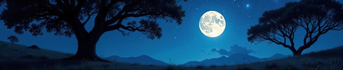 Naklejka premium Nighttime scene with full moon and sparkling stars amidst a grove of ancient trees, stars, shadows