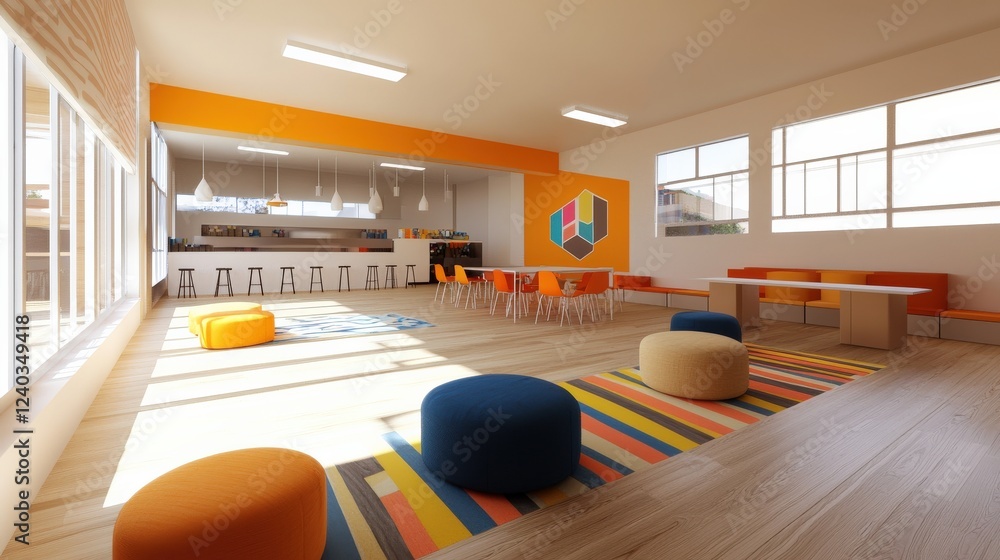 Poster a tech-inspired office with open collaboration spaces.
