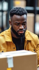 Obraz premium Focused Warehouse Worker Inspecting Package