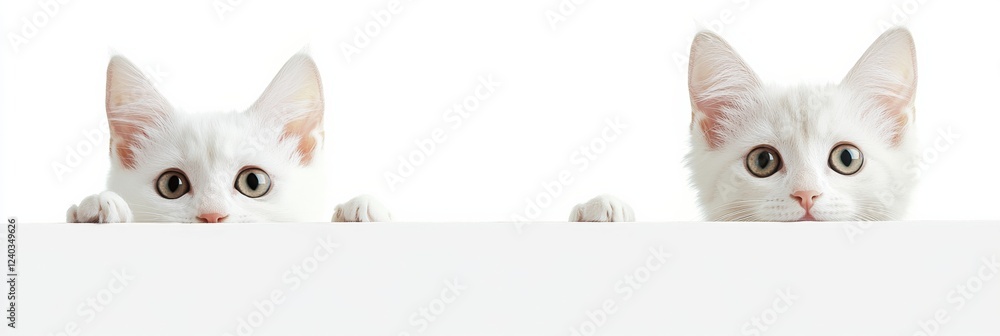 Aufkleber Curious white kittens peeking over an empty space for text in a clean and bright setting. Generative AI