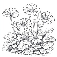 Charming Cineraria Coloring Page Simple Blooms in a Shaded Corner for Relaxation and Creativity