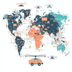 World map illustration featuring helicopters, planes, drones, and global connectivity icons in vibrant colors