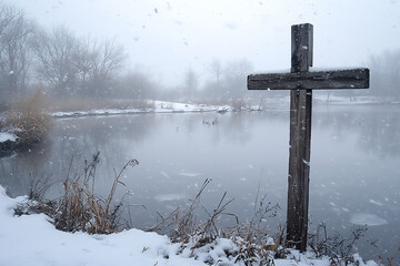  cross by a tranquil lake in winter