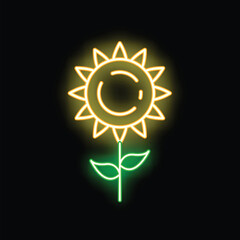 Bright neon sunflower glowing in the darkness with a green stem and yellow petals