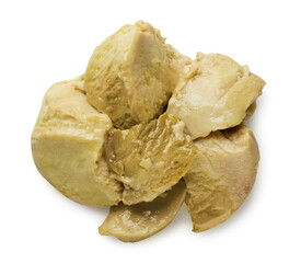 Pile of cod liver close-up on a white background. Top view