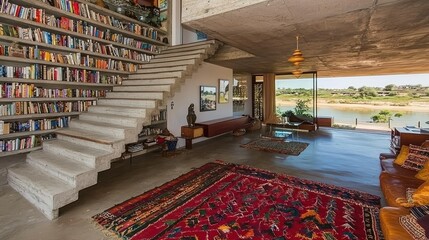 Obraz premium Modern Concrete House with River View and Impressive Library Staircase