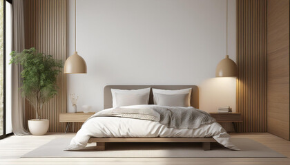 Generated image, Bedroom Wall Mockup Template, 3d Render Wall Mockup, minimalist style bedroom white color