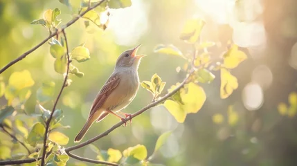 Nightingale perched on a branch, singing a melodious song. © phy