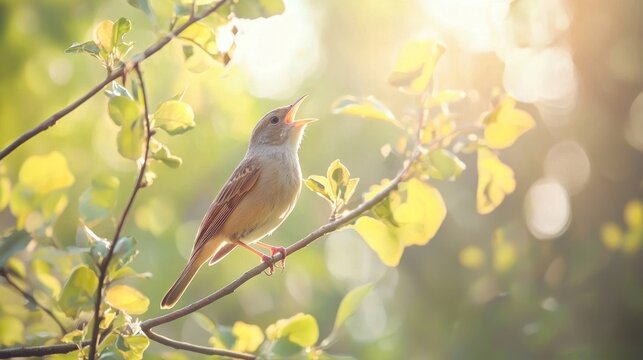 Nightingale perched on a branch, singing a melodious song.