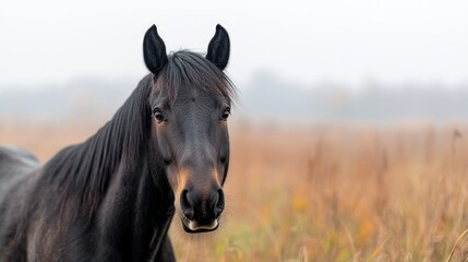 Fototapeta premium Dark horse portrait, autumn field, foggy day, nature photography