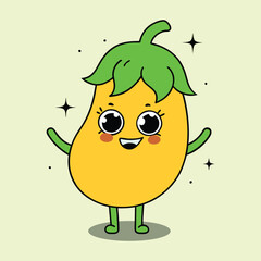 A funny cartoon eggplant character, smiling and looking happy in a cute and fresh fruit illustration