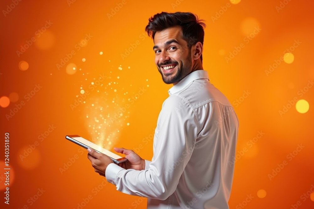 Poster man is holding tablet with glowing light coming out of it
