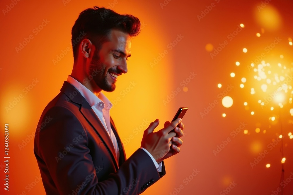 Poster man is looking at his cell phone while standing in front of bright background