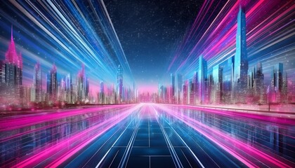 Fototapeta premium A vibrant, futuristic cityscape illuminated with neon lights, featuring skyscrapers and a reflective water surface under a starry night sky.