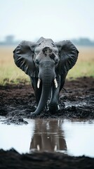 Fototapeta premium Majestic African Elephant in Mud Puddle