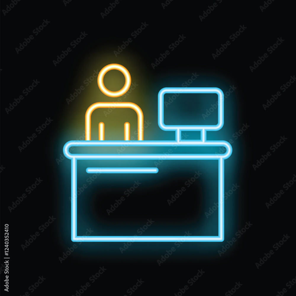 Poster neon sign of person working on computer at reception desk