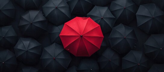 3D rendering of a single red umbrella standing out from the black umbrellas on a dark background