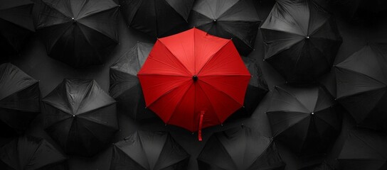 3D rendering of a single red umbrella standing out from the black umbrellas on a dark background
