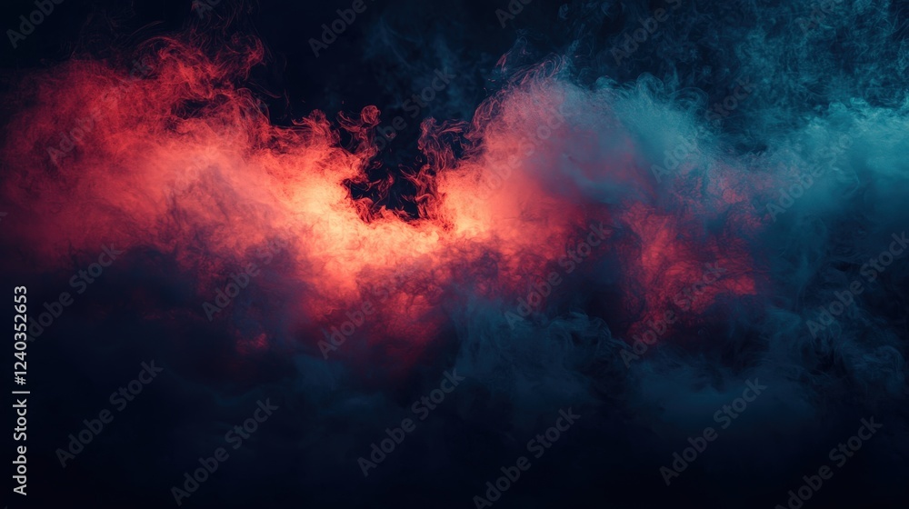 Poster realistic abstract background of power and space with fiery red and blue smoke in dark setting