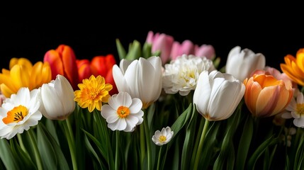 Fototapeta premium field of colorful spring flowers like tulips, daffodils, and crocuses blooming