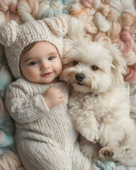 A little girl with a fluffy puppy, a cute Maltese dog, both sharing a sweet moment together