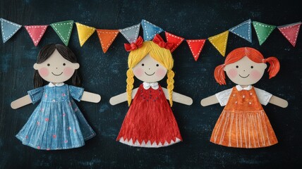 Classroom Party Ideas concept. Three colorful paper dolls with a festive bunting backdrop.