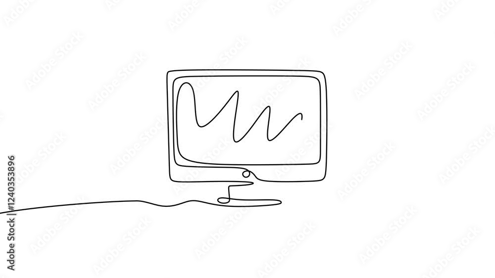 Poster continuous one line drawing animation of monitor computer. minimalism design display technology scre