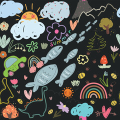 Naklejka premium Hand drawn kids illustration with cartoon nature, animals, plants on black background. Vector illustration for kids.