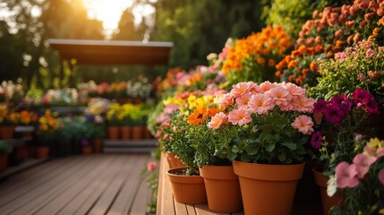 vertical garden made of small pots, vibrant flowers growing, sunlight shining on the balcony