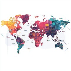 Obraz premium Colorful World Map with Abstract Design Featuring Shipping Containers and Transportation Elements