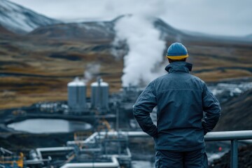 Worker overlooking geothermal power plant, steam rising from vents, in a rugged landscape.