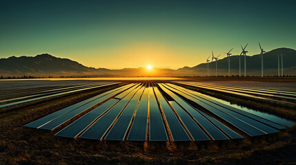 A sprawling solar farm glistens under the sun, with rows of sleek, photovoltaic panels angled to capture maximum energy. Nearby, towering wind turbines with white, aerodynamic blades spin gracefully a