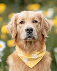 Tranquil Spring Refresh Golden Retriever with Yellow Bandana in Daisy Field - Modern Pet Design for Dogs in Yellow Day and Easter Pet Wellness