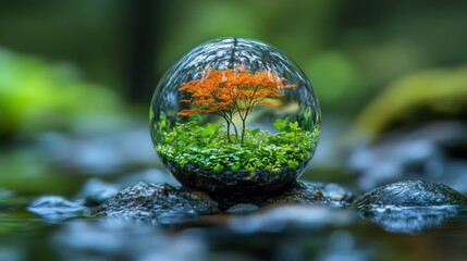 Miniature Autumnal Tree Encased In Glass Orb