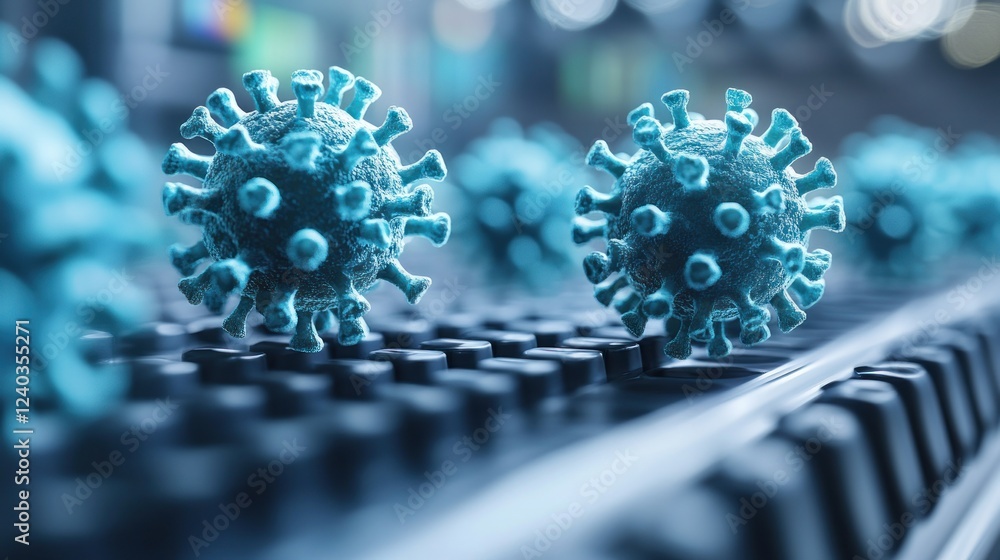 Poster coronavirus particles hovering over a computer keyboard