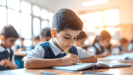 Indian school boy writing on notebook sitting in a modern classroom. 