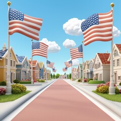 American Flags Line a Sunny Suburban Street in a Low Poly 3D Render