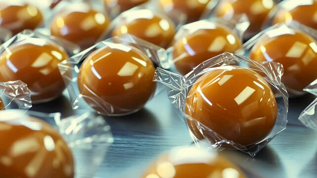 Handmade caramel candies neatly wrapped and arranged on a table ready for sale at a local market