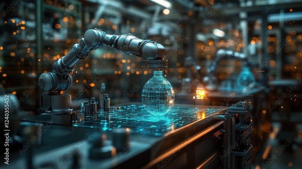 Poster robotic arm manipulating holographic sphere in factory setting