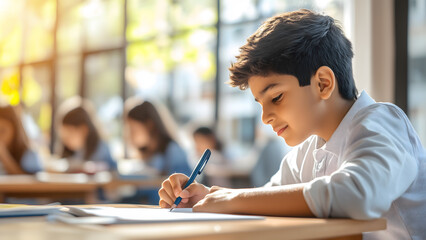 Indian school boy writing on notebook sitting in a modern classroom. 